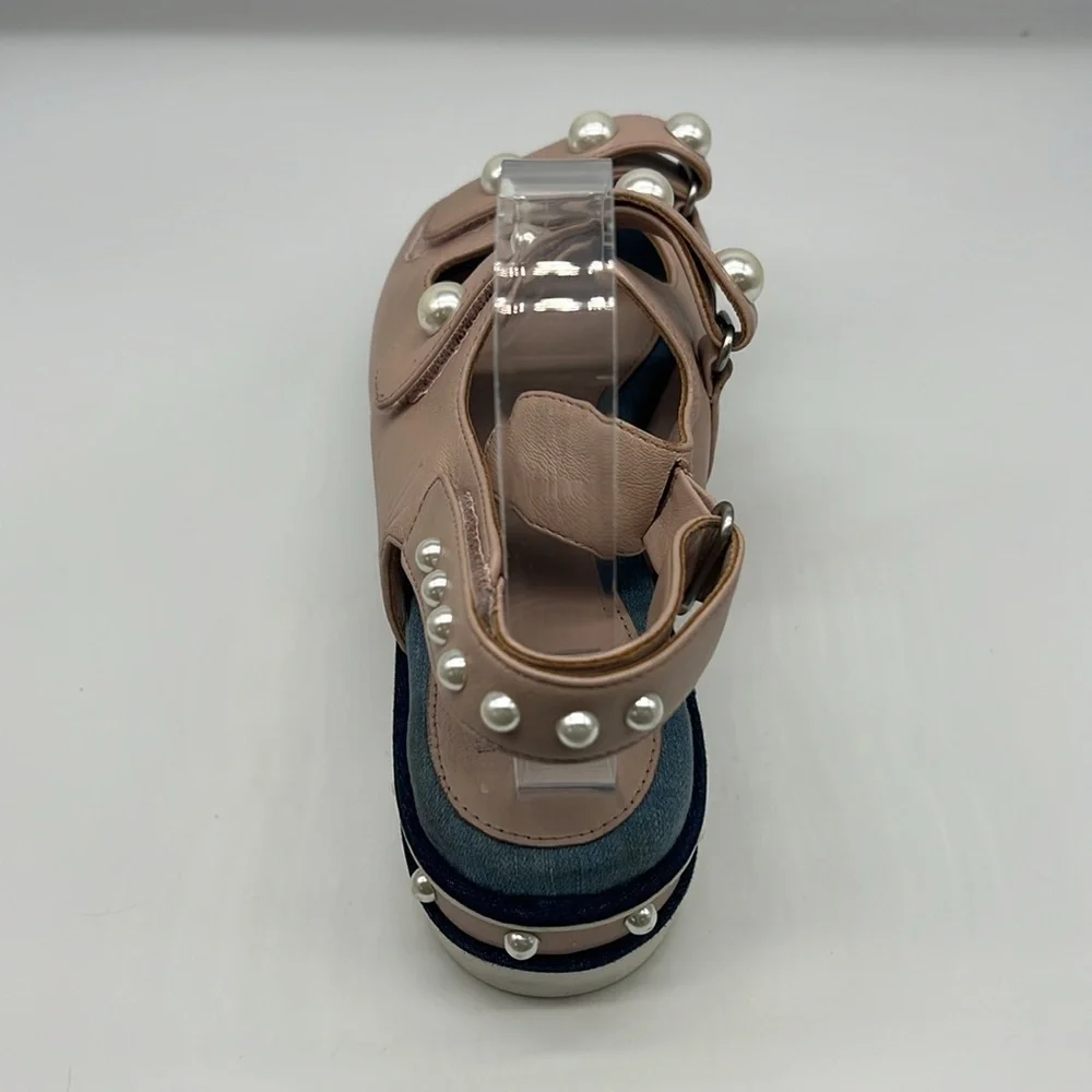Clone - Diamond Nappa Pink Leather Platform Strap Stud Pearl Sandal Size 41